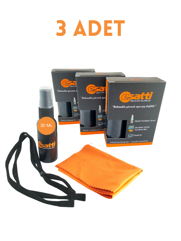 3 Adet Gözlük Temizleme Seti, Gözlük spreyi, mikrofiber bez ve gözlük ipi
