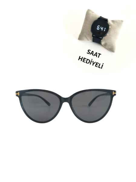 Kadın Güneş Gözlüğü Siyah TM FRD , Saat Hediyeli