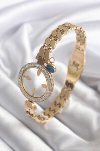 316L Çelik Gold Renk Arpa Model Zirkon Taş Detay Çeyrek Altın Takılabilir Kadın Kelepçe